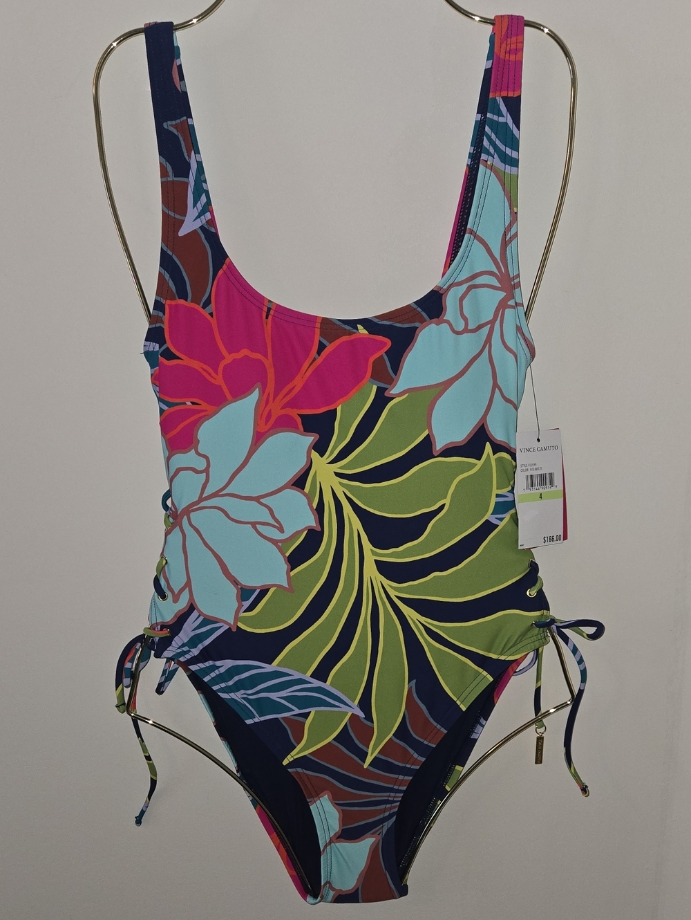 Vince Camuto Multicolor Floral One-Piece Swimsuit Lace-Up Sides NWT Size 4
